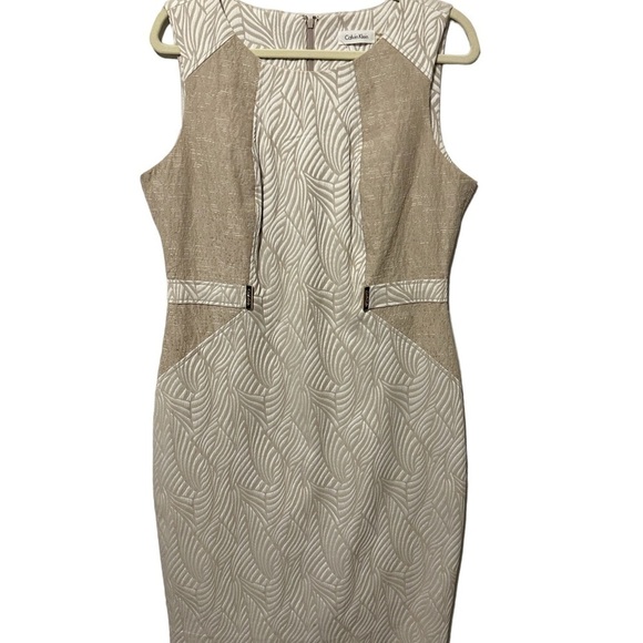 Calvin Klein Tan and Ivory Scuba Structured Sheath Dress Tropical Leaves Size 12 - Picture 11 of 12